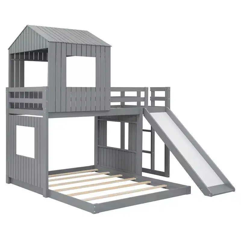 Lit superposé en bois Luxystar avec maisonnette, toboggan et barrières de sécurité, double sur grand lit