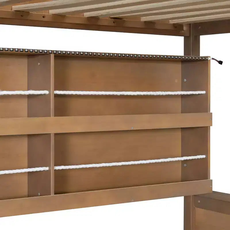Lit superposé moderne bas Luxystar double sur double avec rangement, étagères éclairées et panneau perforé