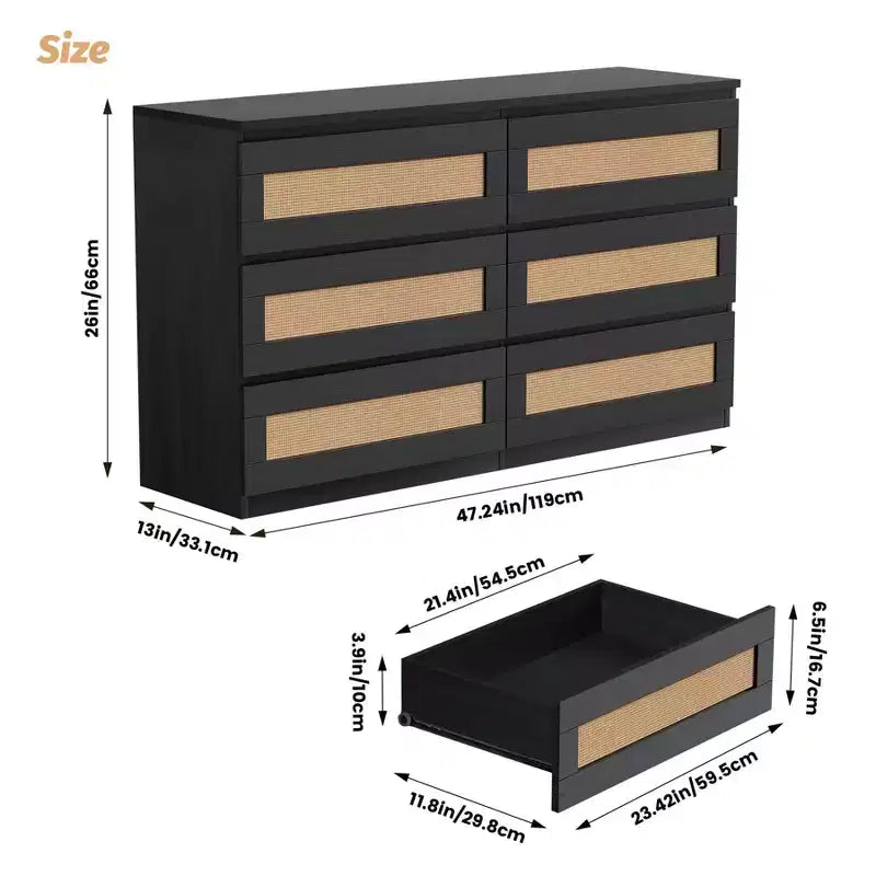 Commode en rotin pour chambre à coucher avec 6 tiroirs, 47 commode large moderne de style ferme, armoire de rangement en bois pour placard, salon, couloir