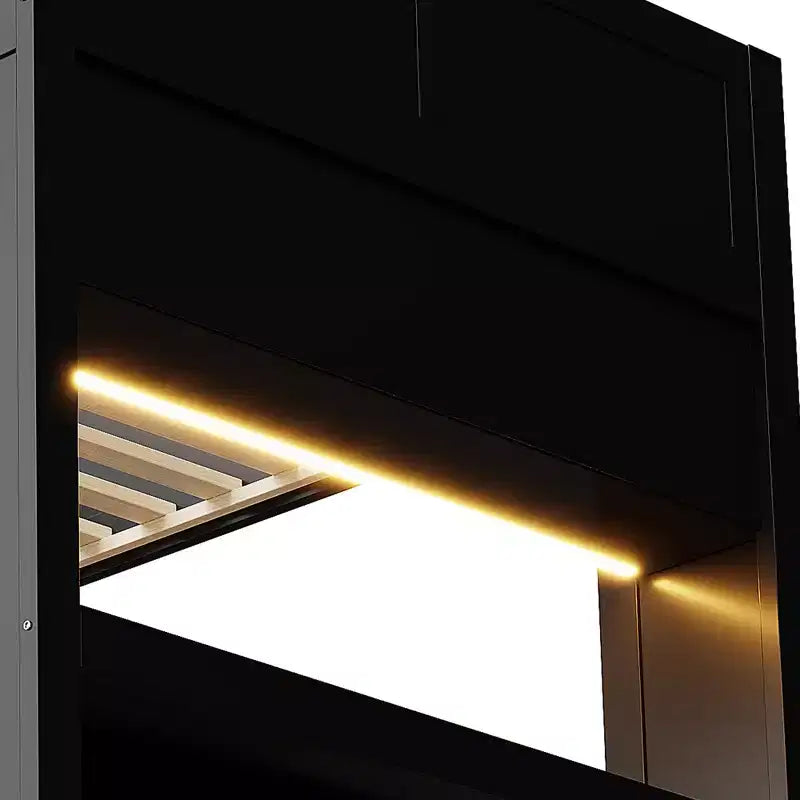 Lit superposé de jeu en bois pleine grandeur avec bureau intégré, étagères de rangement, lumières LED 7 couleurs et station de charge, noir - ModernLuxe