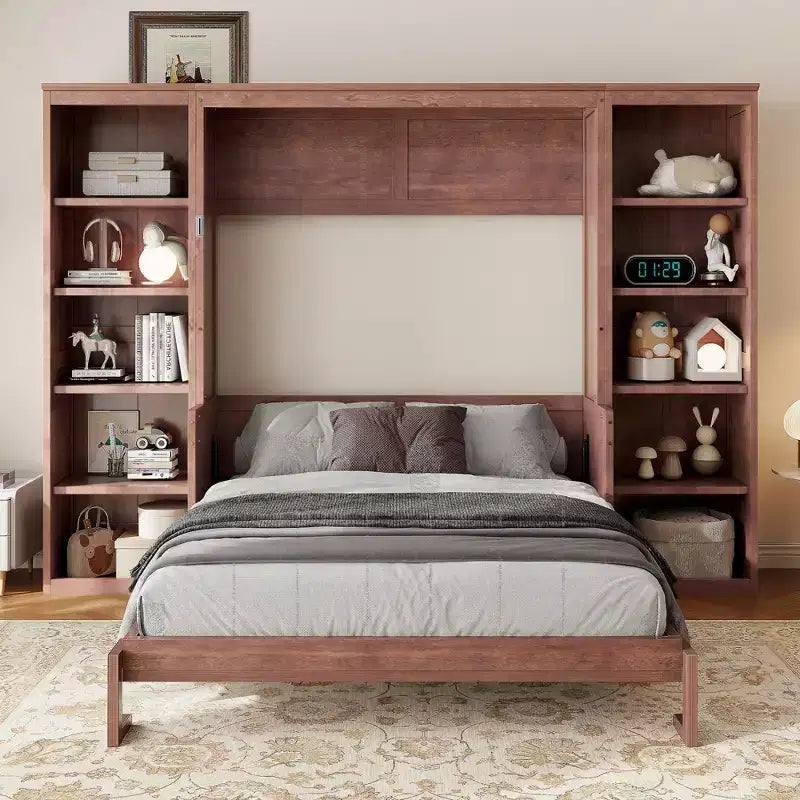 Lit escamotable grand lit/deux places avec bureau et étagère, brun foncé - ModernLuxe