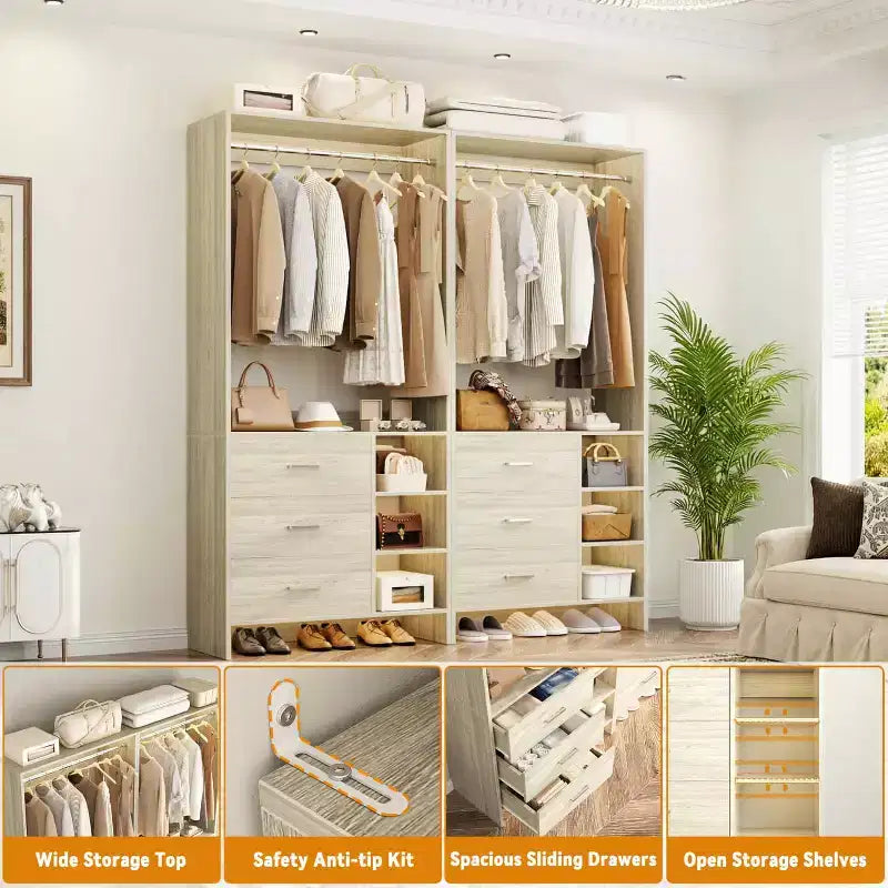 Besiost Lot de 4 organisateurs de placard avec tiroirs en bois et tringles de suspension