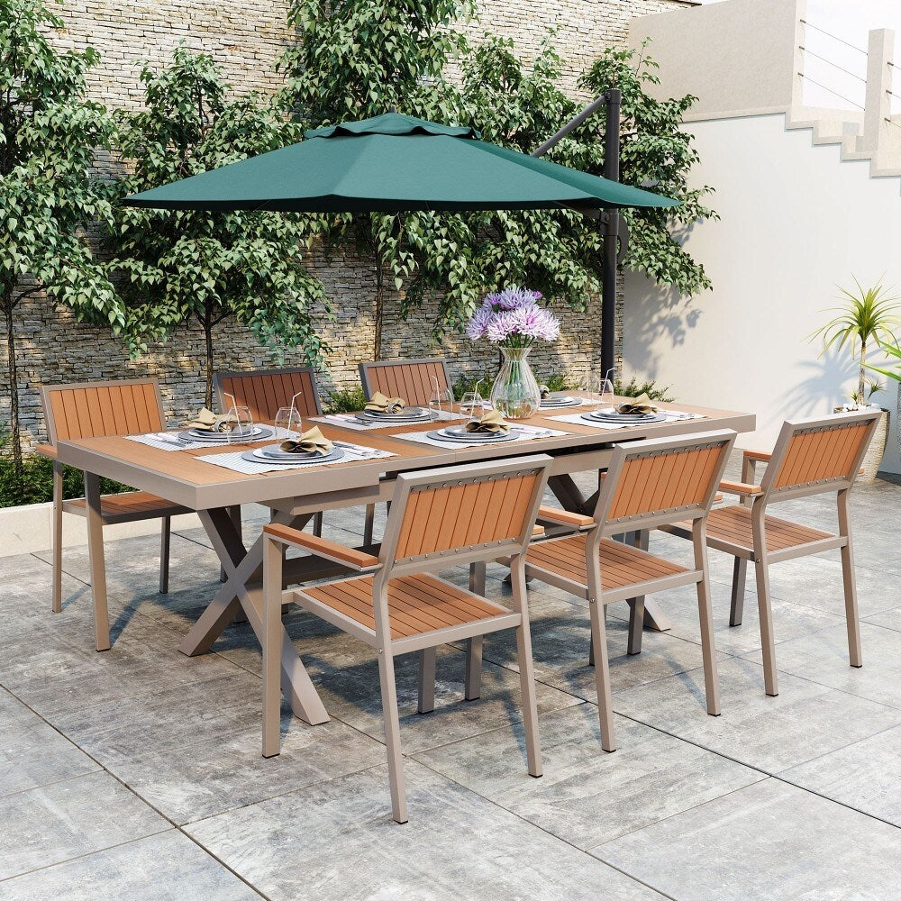 Ensemble de salle à manger d'extérieur moderne de 7 pièces avec six chaises et une table extensible pour terrasse
