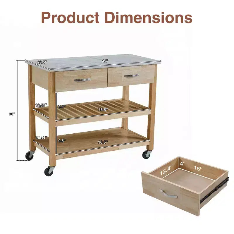 Desserte de cuisine roulante avec plateau en marbre, îlot de cuisine en bois massif avec 2 tiroirs, chariot de cuisine à 3 niveaux avec roues détachables verrouillables et porte-serviettes
