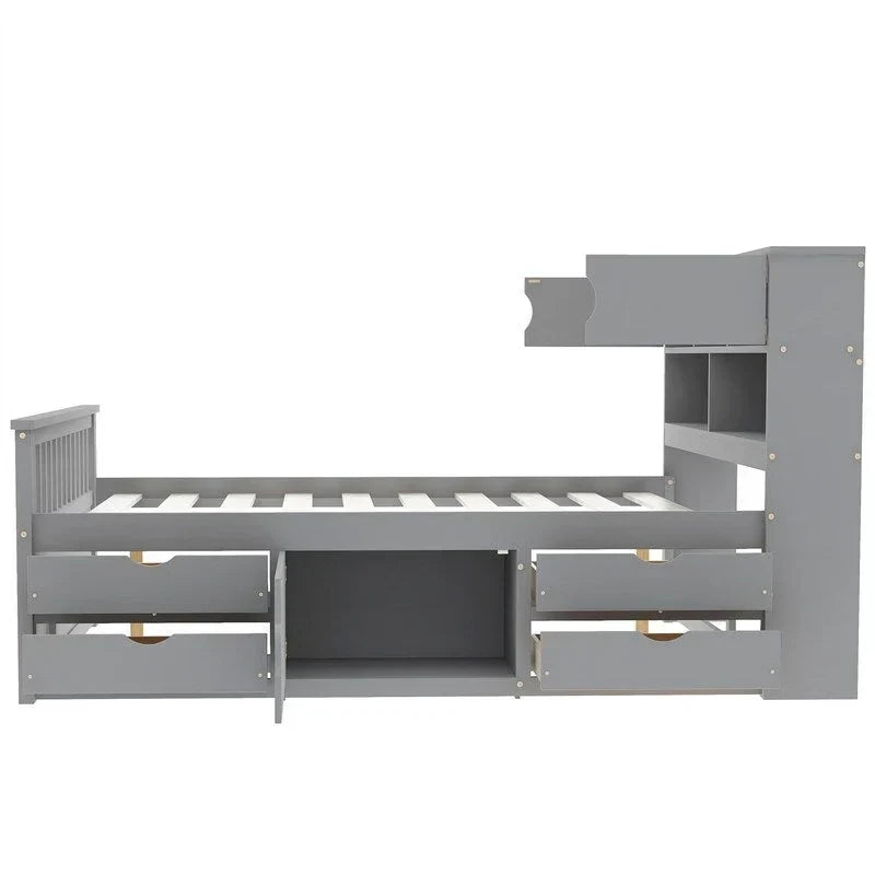 Lit plateforme capitaine double/grand avec 4 tiroirs et étagères de rangement, cadre de lit en bois massif avec tête de lit bibliothèque de rangement