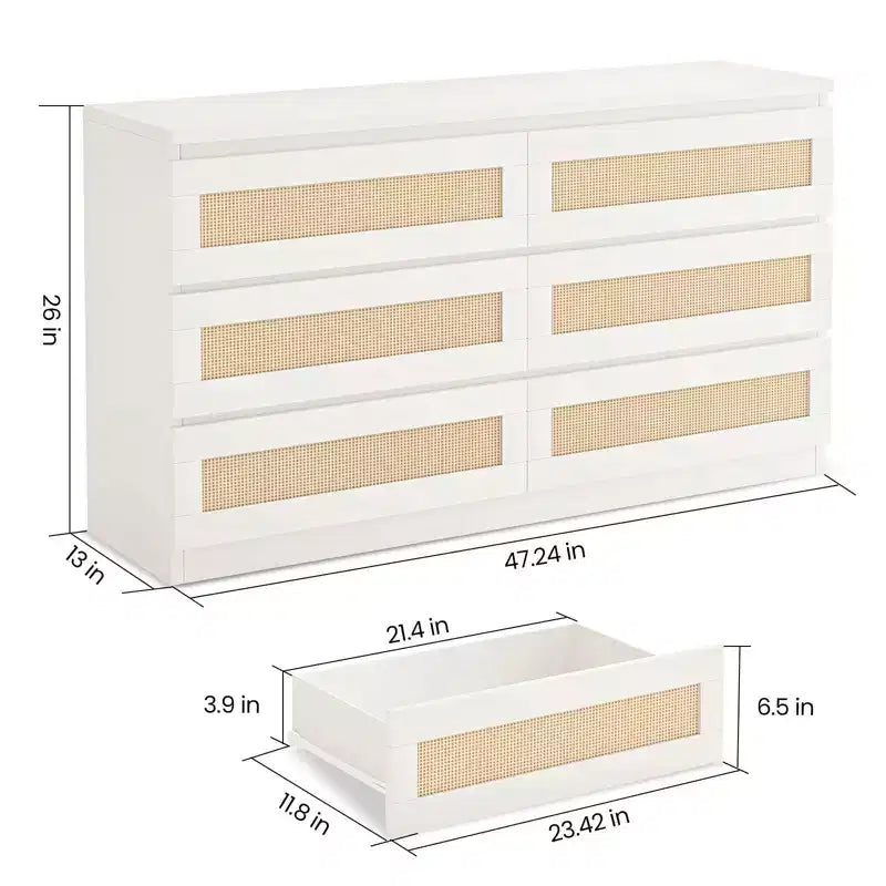 Commode en rotin pour chambre à coucher avec 6 tiroirs, 47 commode large moderne de style ferme, armoire de rangement en bois pour placard, salon, couloir