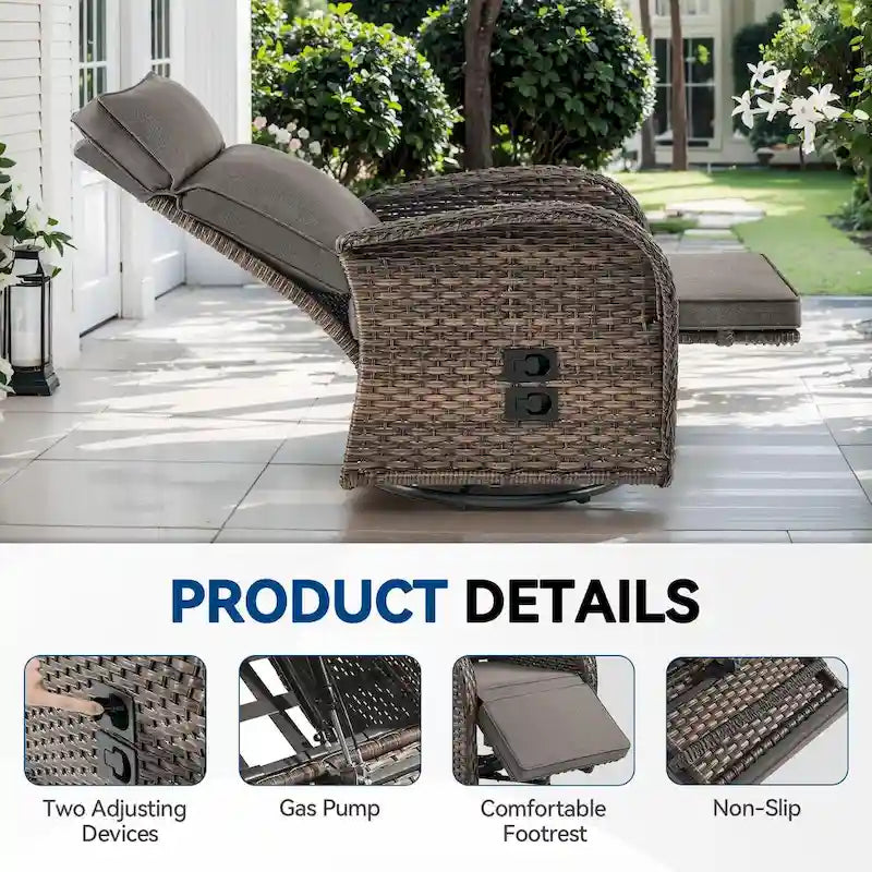 Pocassy 3 PCS Fauteuil inclinable d'extérieur polyvalent avec table d'appoint Coussin gris