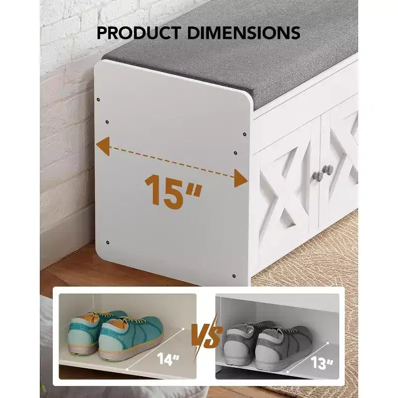Banc de rangement pour chaussures, banc d'entrée de 120 cm de long avec siège rembourré relevable, 4 portes, capacité de 136 kg, banc avec étagère à chaussures pour entrée