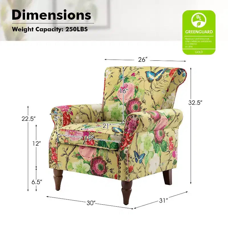 Fauteuil en bois traditionnel Araceli, rembourré à motifs floraux, avec dossier à oreilles et garniture cloutée | ART OF LIVING DESIGNS