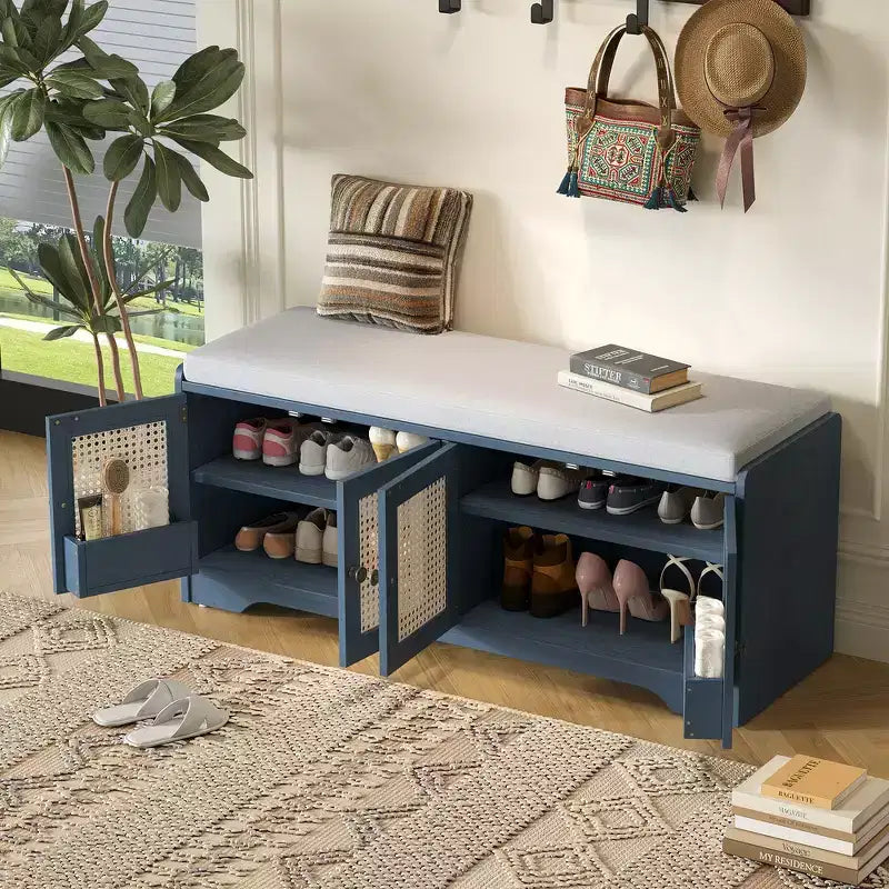 Banc de rangement rustique en bois Whisen, banc à chaussures d'entrée avec coussin amovible, étagères réglables