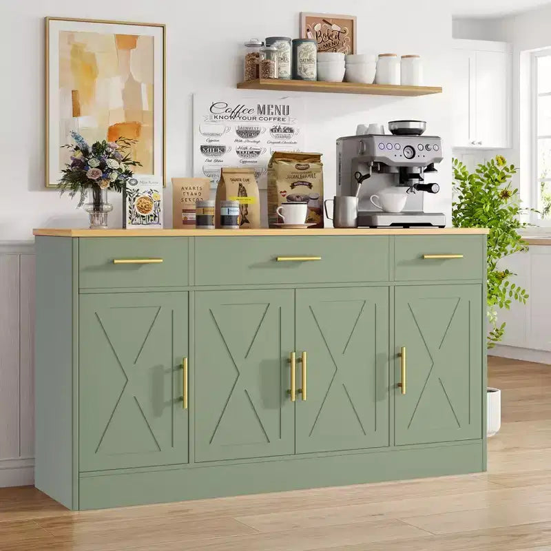 Buffet de cuisine Celebalcony avec rangement, grand buffet de cuisine de 135,6 cm avec 3 tiroirs et 4 portes, étagère réglable pour cuisine, salon