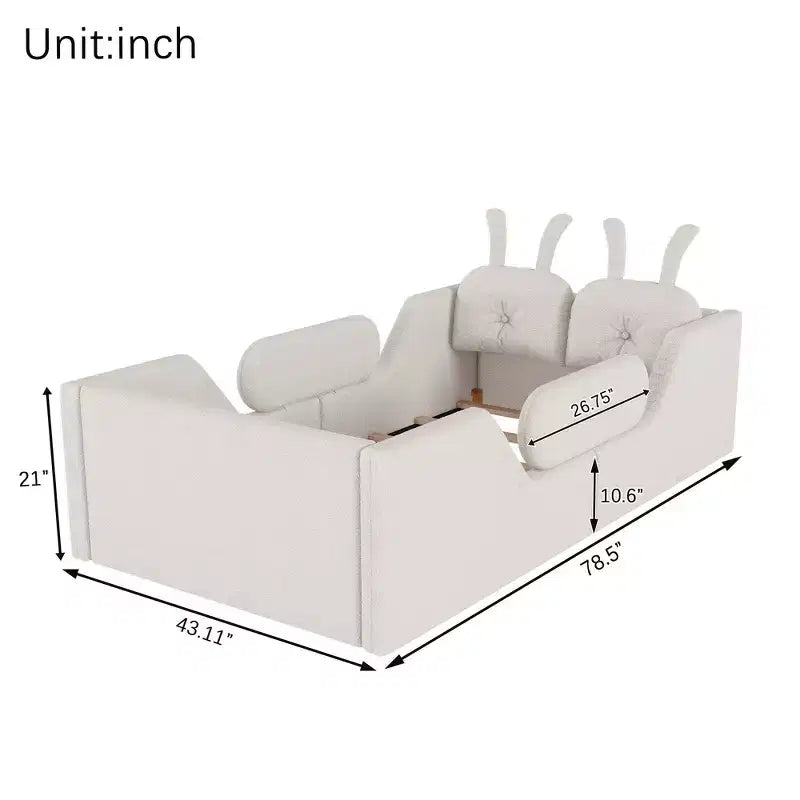 Lit plateforme double Whisen, cadre de lit rembourré pour enfants avec coussin lapin, barrières latérales amovibles