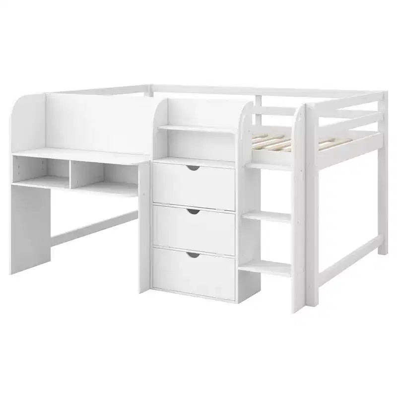 Lit mezzanine bas rose et blanc avec bureau, rangements et tableau blanc – Jumeau, 1 personne