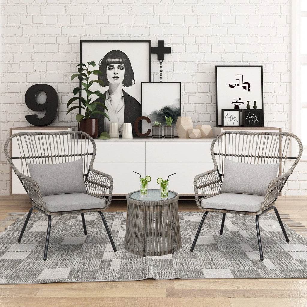 Ensemble bistrot 3 pièces en osier pour conversation, salon de jardin en rotin résistant aux intempéries avec coussins