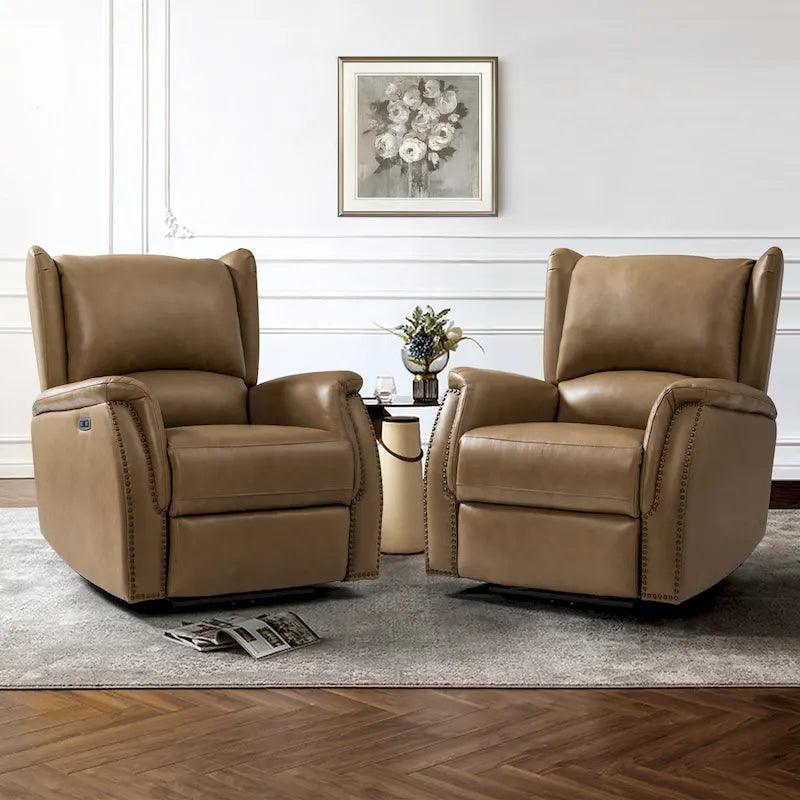 Fauteuil inclinable électrique en cuir véritable avec port USB – Dossier ailé clouté, ensemble de 2