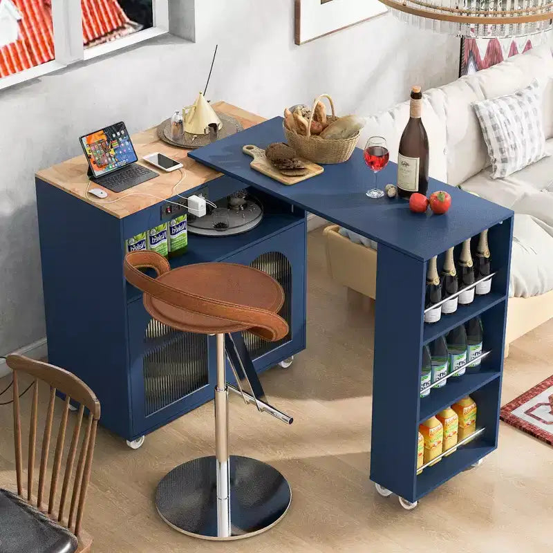 Îlot de cuisine roulant avec 2 portes en verre, Desserte de cuisine avec table extensible et prises de courant, Îlot de cuisine avec étagères ouvertes latérales
