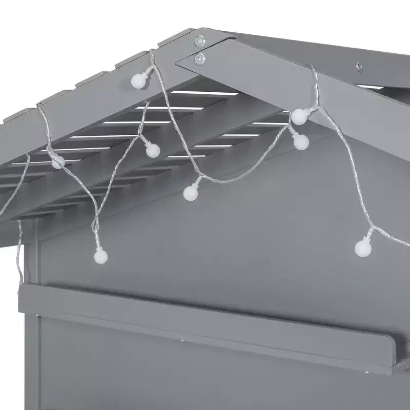 Lit cabane double avec étagères de rangement et barrières, cadre de lit Montessori en bois pour enfants avec fenêtre et bande lumineuse scintillante