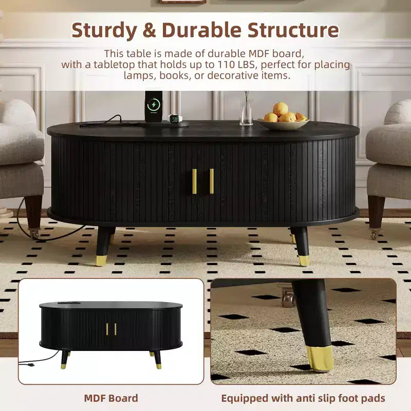 CLIHOME Meuble TV et table basse de ferme en bois avec station de recharge, console multimédia ovale cannelée pour TV jusqu'à 80 pouces