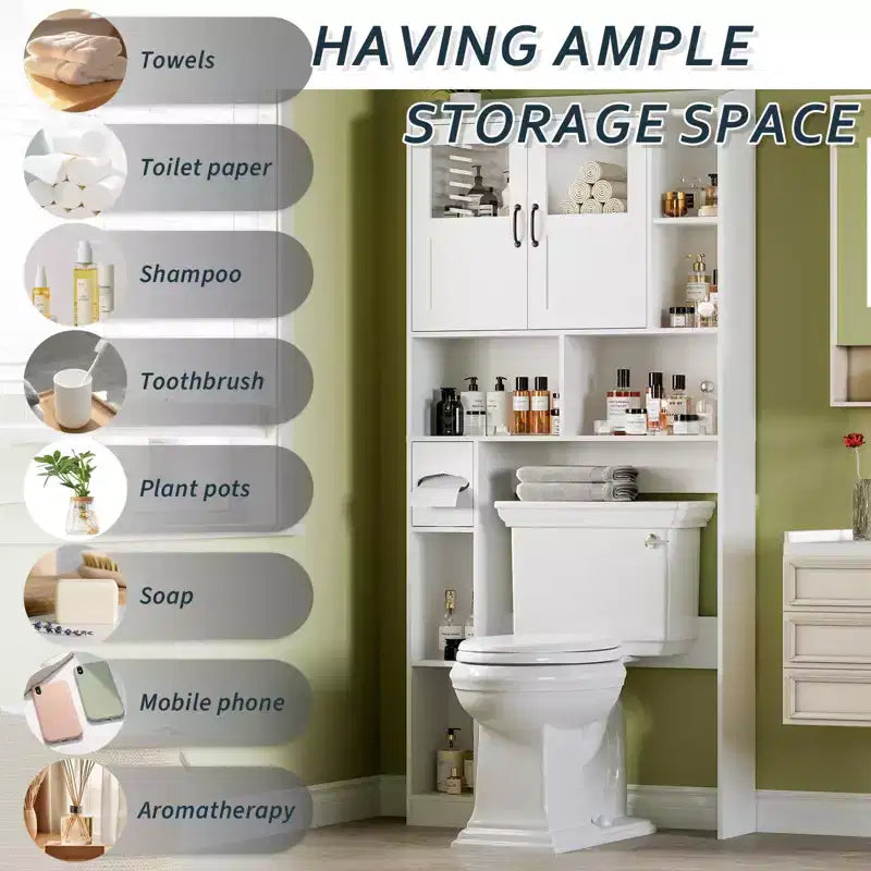 Meuble de rangement pour toilettes – Organisateur de salle de bain de style ferme de 171 cm de haut avec étagère réglable et porte en verre pour salle de bain, buanderie