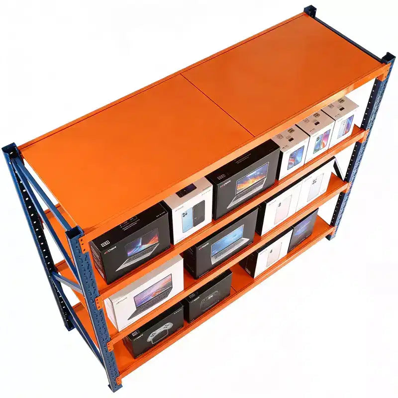 Étagères de garage robustes VIYET, rayonnage métallique réglable à 4 niveaux d'une capacité de 2000 kg, rangement industriel bleu et orange pour magasin/outils/salle de sport.