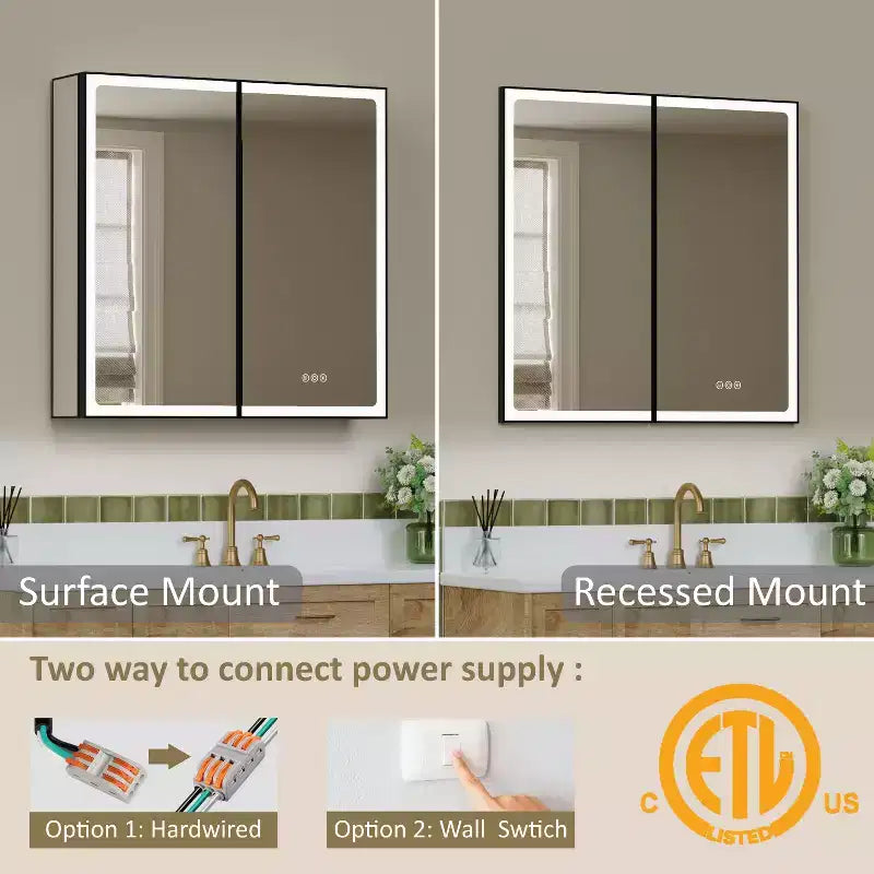 Armoire de toilette avec miroir LED, montage en saillie ou encastré, lumière dimmable, anti-buée, étagères réglables