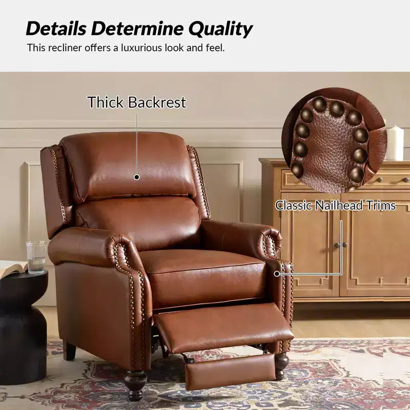 Ensemble de 2 fauteuils inclinables modernes en cuir véritable Elisabete avec garniture cloutée vintage pour salon et chambre à coucher | ART OF LIVING DESIGNS