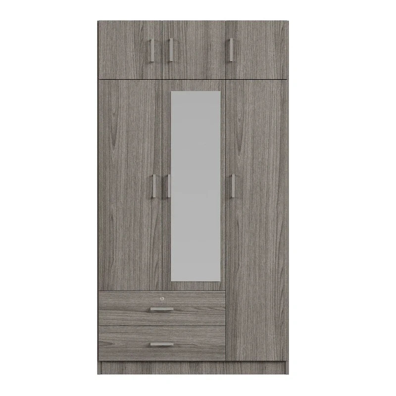 Armoire penderie miroir 3 portes avec 2 tiroirs et meuble haut