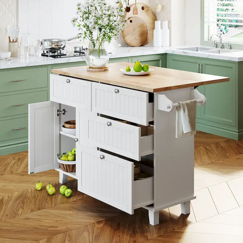 Ensemble d'îlot de cuisine TOPMAX avec abattant et 2 tabourets, ensemble de table à manger avec étagère réglable, tiroirs et porte-serviettes