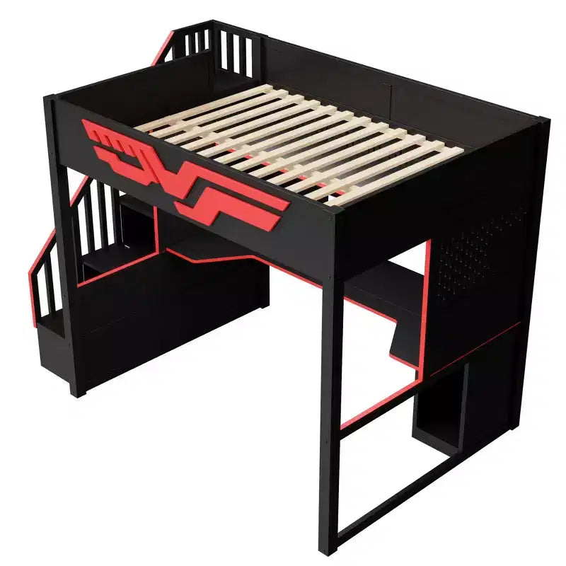 Lit mezzanine pleine grandeur pour gamer avec bureau et lumière LED, lit surélevé pleine grandeur en bois avec escalier de rangement et USB, rouge + noir