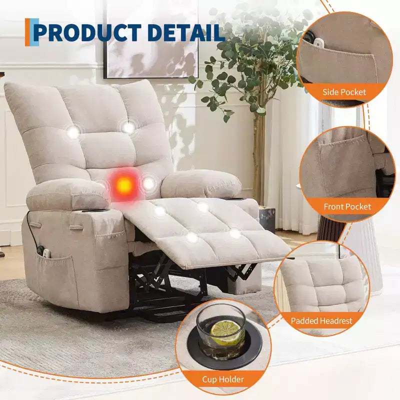 Fauteuil inclinable releveur électrique pour personnes âgées avec fonctions massage et chauffage, inclinable surdimensionné avec fonctions massage et chauffage, revêtement doux et rembourré, poche latérale et porte-gobelets