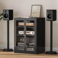 Meuble de rangement pour médias Bekrvio Metal, meuble stéréo à 4 niveaux avec portes en verre et étagères réglables, support audio AV avec gestion des câbles