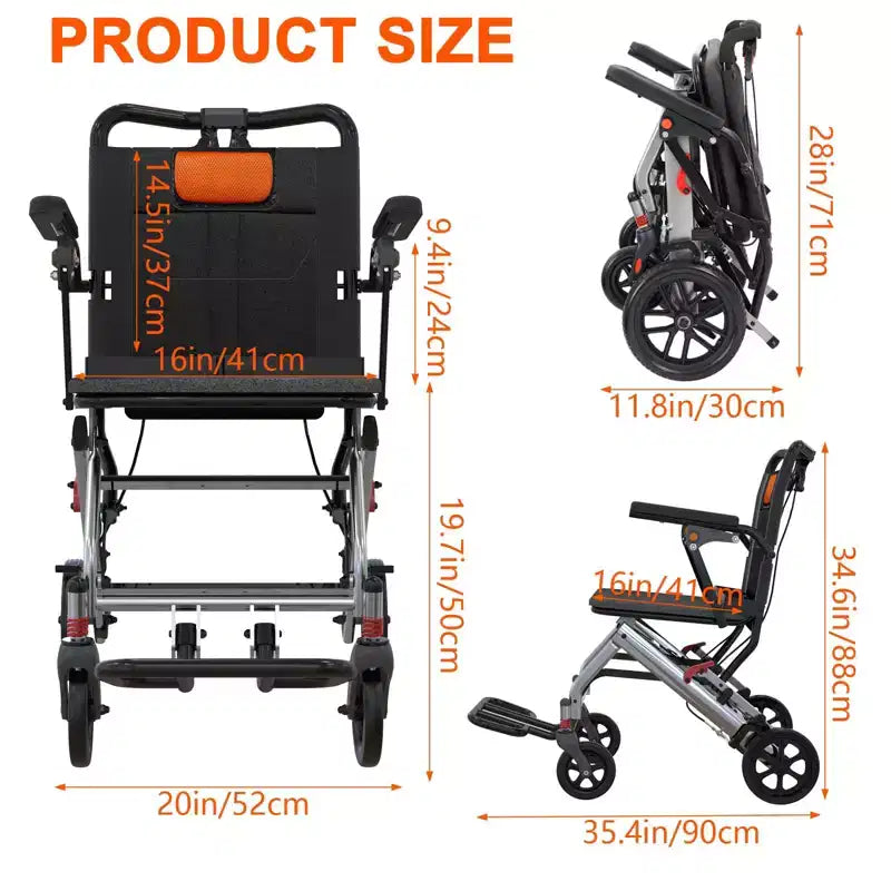 Fauteuil roulant de transport ultra-léger pour personnes âgées, fauteuil de transport pliable et portable, avec frein à main verrouillable et accoudoirs escamotables amovibles