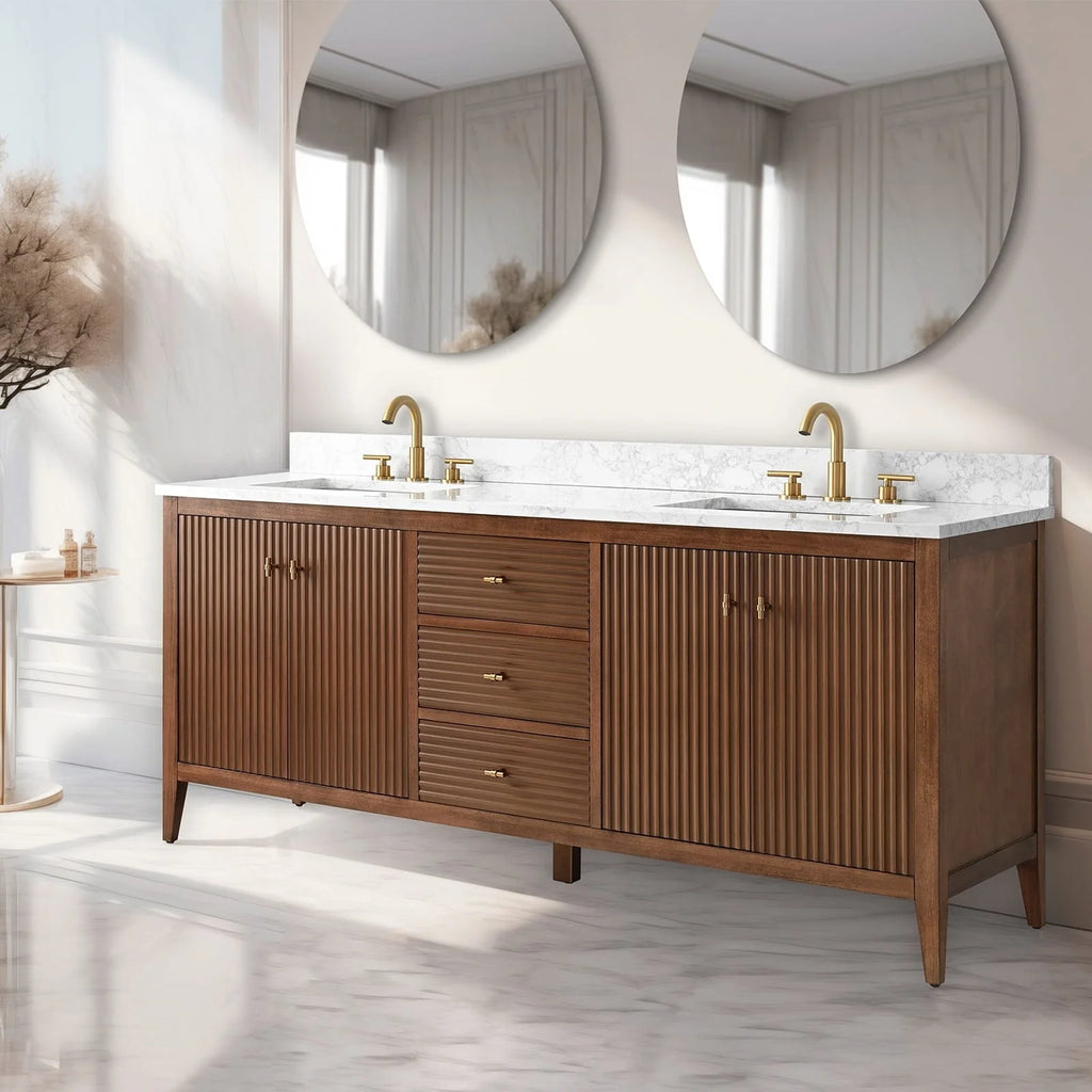 Meuble-lavabo de salle de bain Vanity Art 72 po à double vasque avec dessus en marbre reconstitué