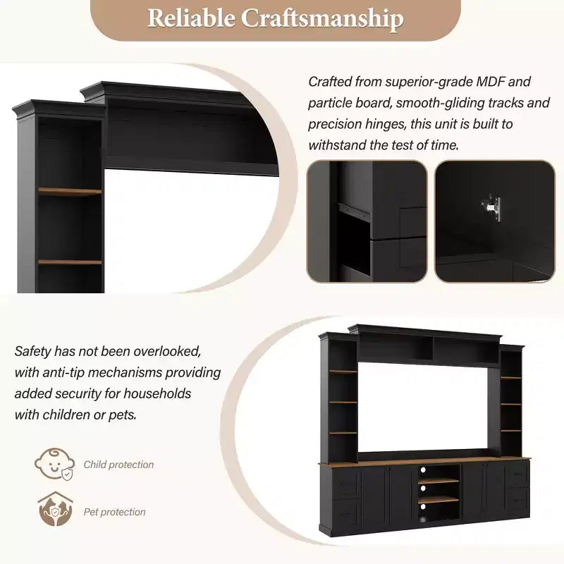 Meuble TV mural 4-en-1 ModernLuxe de style campagnard, convient aux téléviseurs jusqu'à 70 pouces, meuble TV console multimédia avec étagères réglables et tiroirs