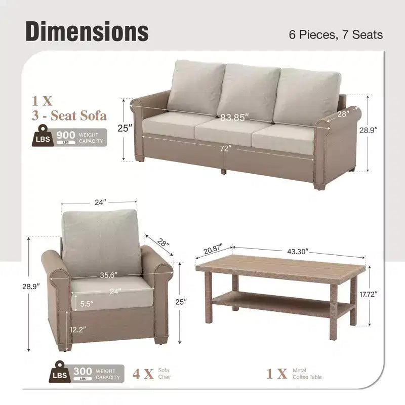 Captiva Designs Salon de jardin 6 pièces de luxe en osier avec accoudoirs incurvés et coussins