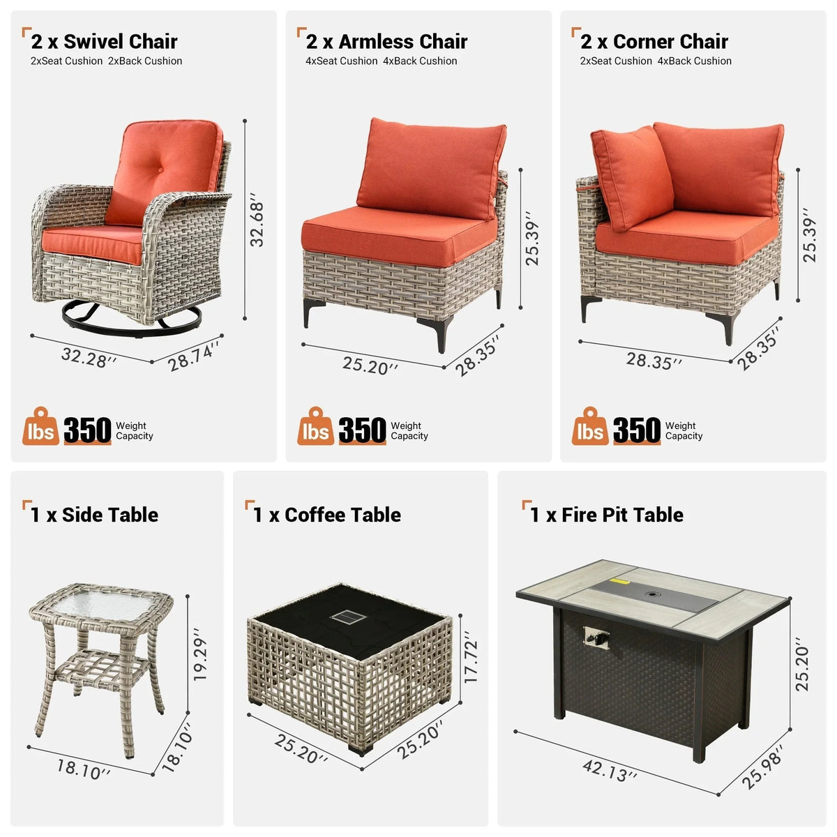 Ensemble de 9 chaises pivotantes en osier d'extérieur OVIOS avec table brasero