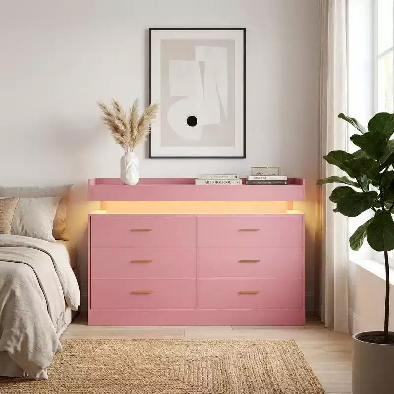Meuble TV moderne avec 6 tiroirs et lumières LED, bar à café flottant pour centre de divertissement de salon