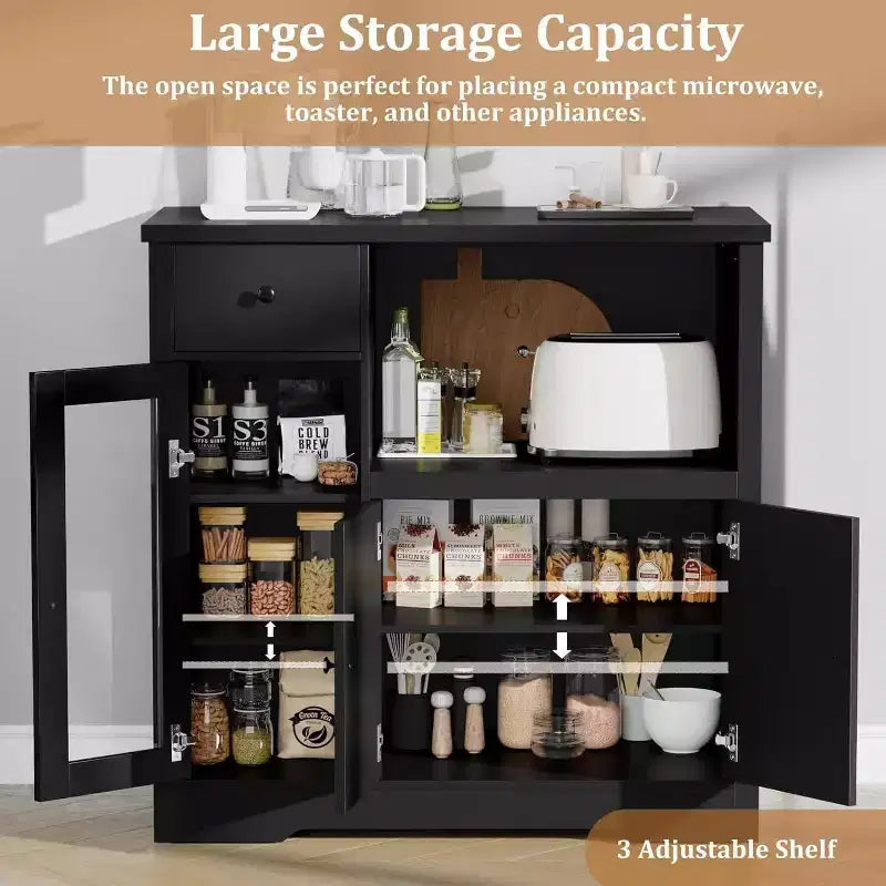 Meuble de rangement pour micro-ondes de cuisine avec 3 portes, 1 tiroir et étagères réglables, Armoire de rangement pour garde-manger