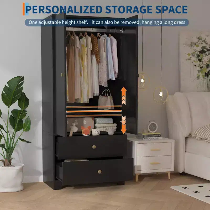 Armoire de chambre moderne en bois de 180 cm avec 2 portes, 2 tiroirs, étagères réglables, armoire de rangement pour vêtements et tringle à vêtements
