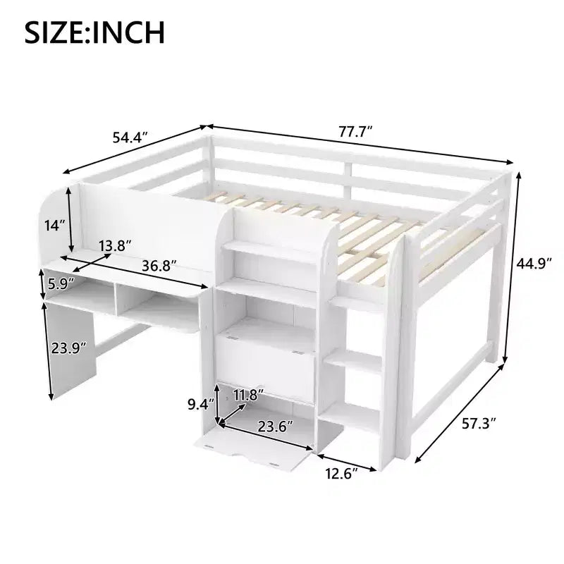 Lit mezzanine bas rose et blanc avec bureau, rangements et tableau blanc – Jumeau, 1 personne