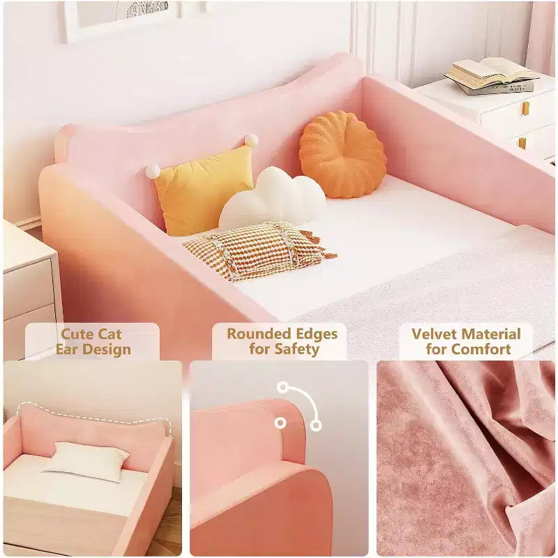 JOYMOR Lit pour tout-petit, Lit au sol avec barrière de sécurité, Lit pour tout-petit Montessori avec formes d'oreilles d'animaux, Rose