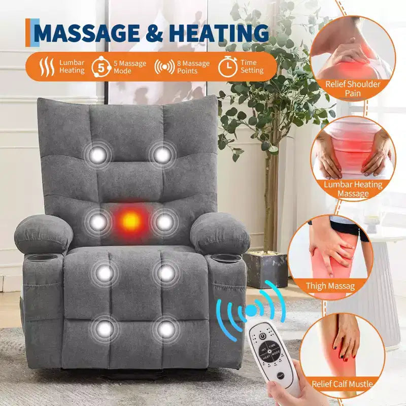 Fauteuil inclinable releveur électrique pour personnes âgées avec fonctions massage et chauffage, inclinable surdimensionné avec fonctions massage et chauffage, revêtement doux et rembourré, poche latérale et porte-gobelets