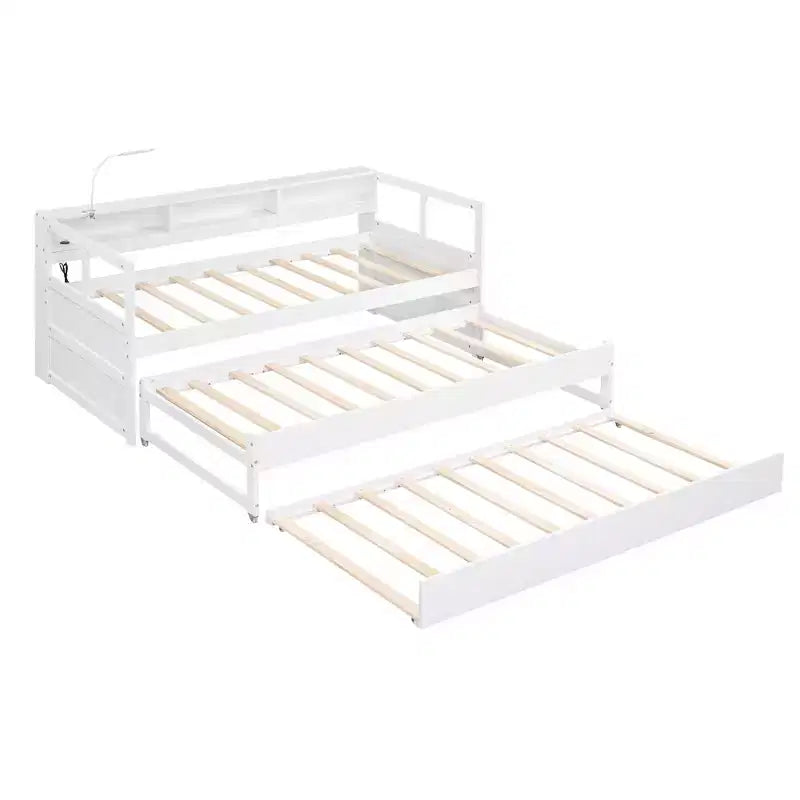Lit de repos double XL Whisen en bois avec 2 lits gigognes, 3 compartiments de rangement, 1 lampe gratuite et port de chargement USB