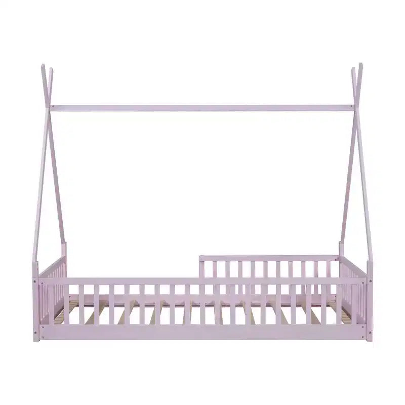 Lit de sol pour enfants, lits cabane doubles, lit de sol Montessori avec lattes et barrières de protection, cadre de lit cabane en bois pour garçons et filles