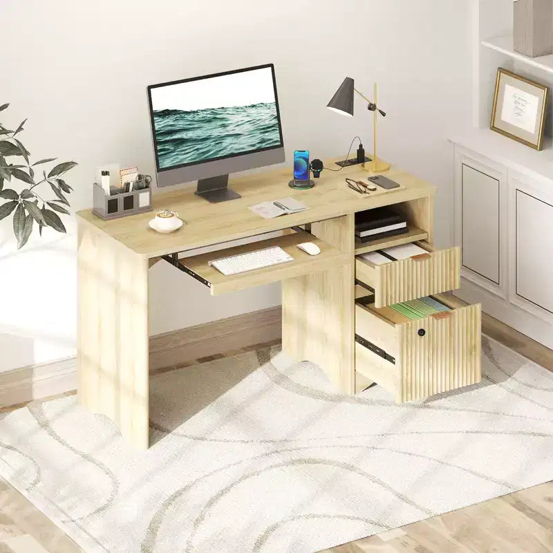 Bureau d'ordinateur intelligent Bestier 55, bureau en chêne avec tiroirs de classement et prise de courant, bureau de direction avec rangement ouvert et tiroir à clavier