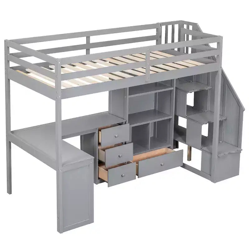 Lit mezzanine une place avec bureau en L, 3 tiroirs, placard, rangements intégrés dans l'escalier, en pin massif/MDF