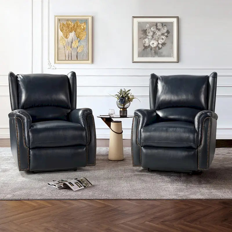 Fauteuil inclinable électrique en cuir véritable avec port USB – Dossier ailé clouté, ensemble de 2