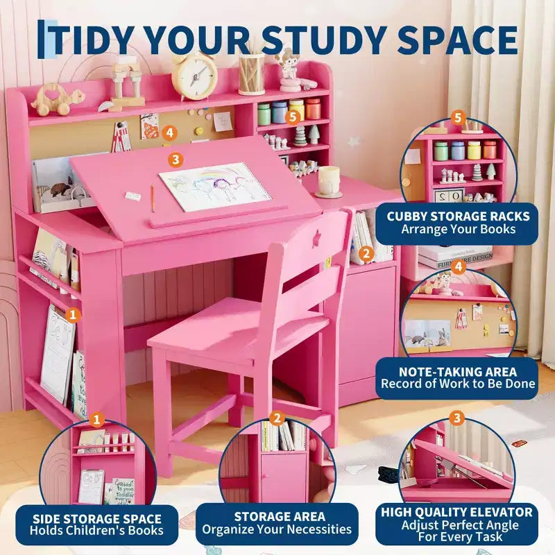 Bureau et chaise d'étude pour enfants avec rangement, bureau d'étude pour enfants avec étagère supérieure et inclinable, pour les 3-8 ans, table d'écriture pour chambre d'enfant