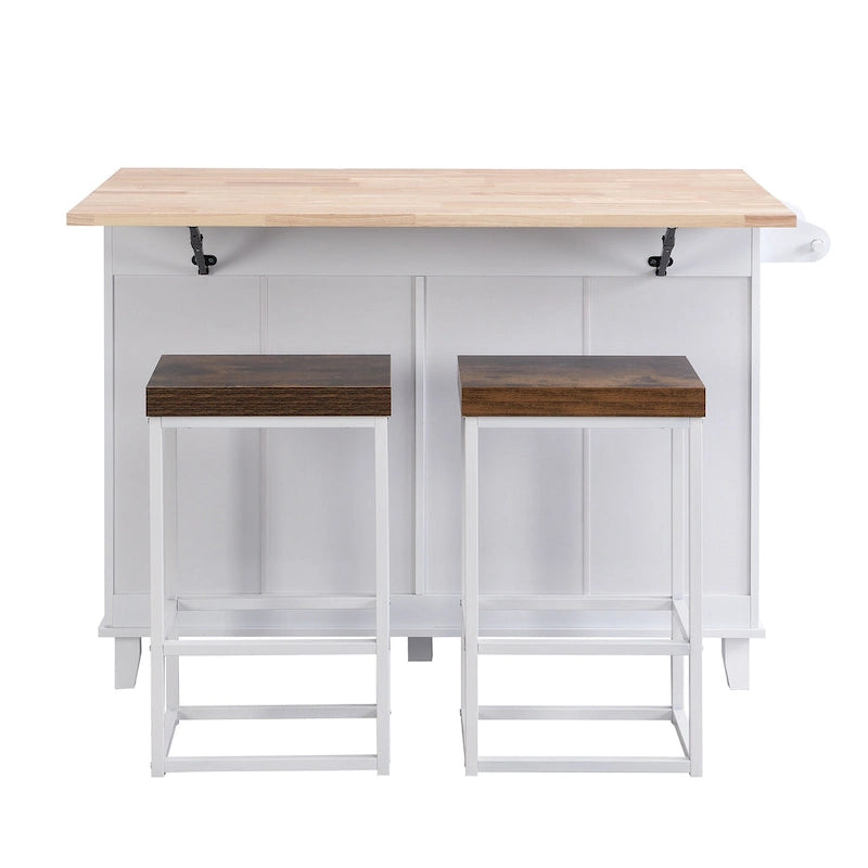 Ensemble d'îlot de cuisine TOPMAX avec abattant et 2 tabourets, ensemble de table à manger avec étagère réglable, tiroirs et porte-serviettes