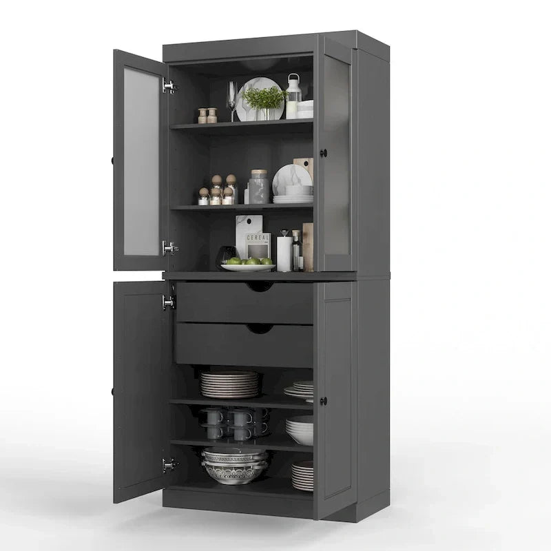 Meuble de rangement en bois massif avec portes en verre dépoli, portes pleines, 2 tiroirs et étagères réglables